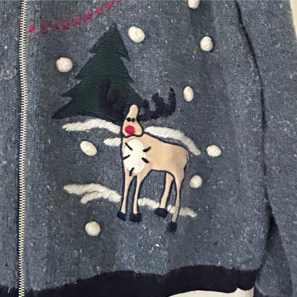 NutCracker knit cardigan fishing snowman reindeer flannel collar Christmas L - Picture 5 of 12